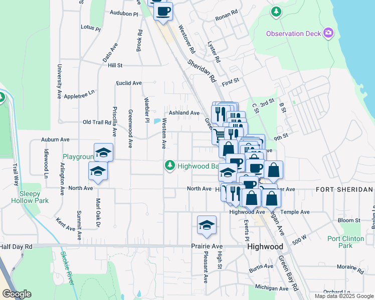 map of restaurants, bars, coffee shops, grocery stores, and more near 504 North Central Avenue in Highwood