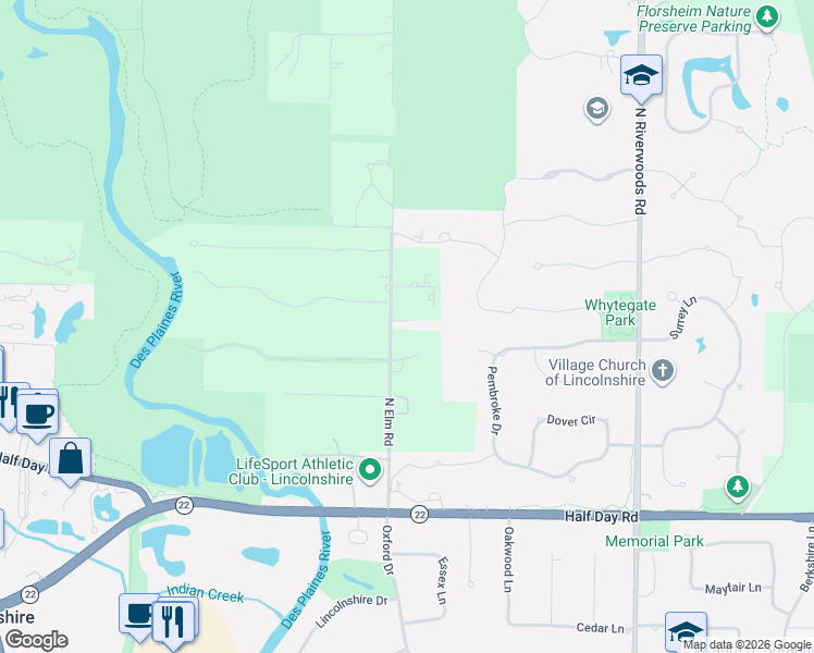 map of restaurants, bars, coffee shops, grocery stores, and more near 14458 Mayland Villa Court in Lincolnshire