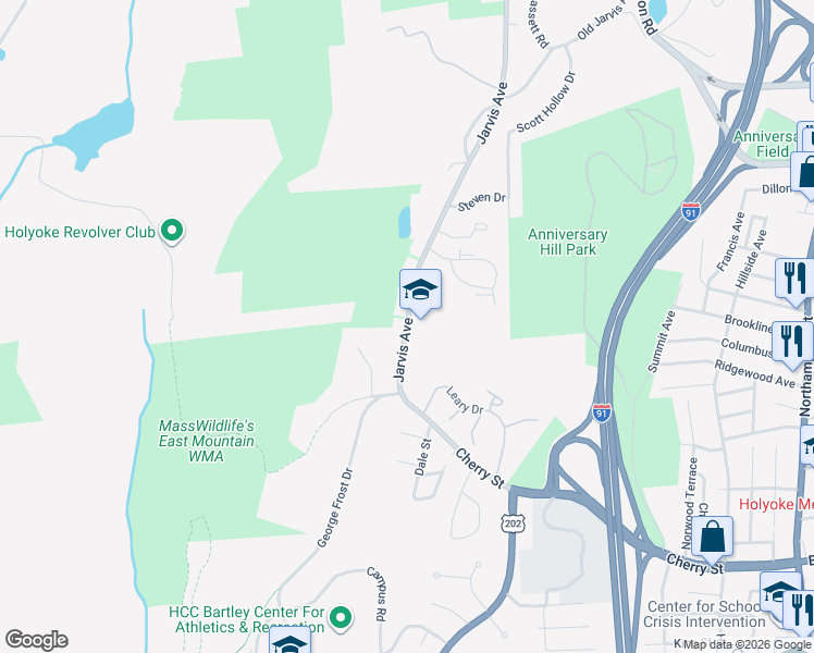 map of restaurants, bars, coffee shops, grocery stores, and more near 400 Jarvis Avenue in Holyoke