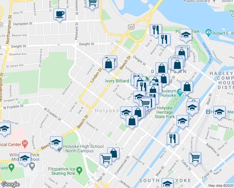 map of restaurants, bars, coffee shops, grocery stores, and more near 165 Essex Street in Holyoke