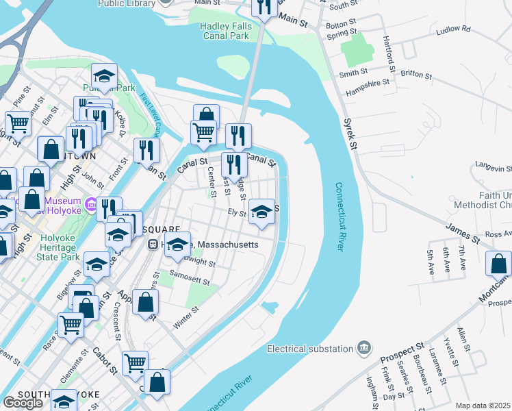 map of restaurants, bars, coffee shops, grocery stores, and more near 16 Albion Street in Holyoke