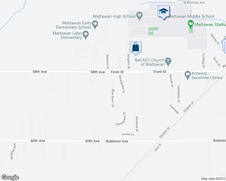 map of restaurants, bars, coffee shops, grocery stores, and more near 58748 Blue Stem Circle in Mattawan