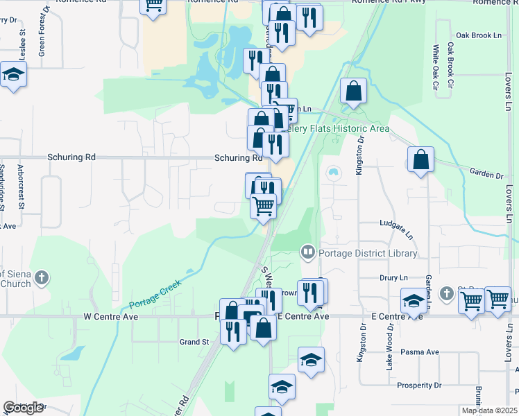 map of restaurants, bars, coffee shops, grocery stores, and more near 7630 South Westnedge Avenue in Portage