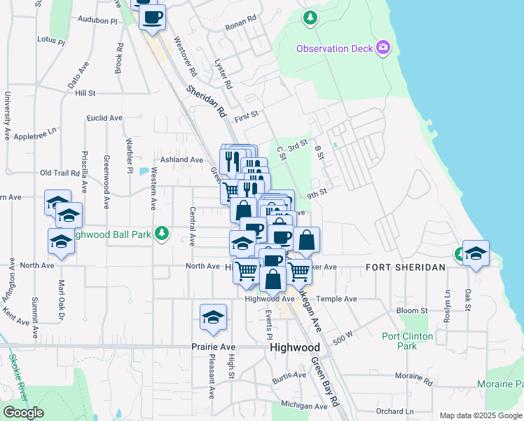 map of restaurants, bars, coffee shops, grocery stores, and more near 514 Sheridan Road in Highwood