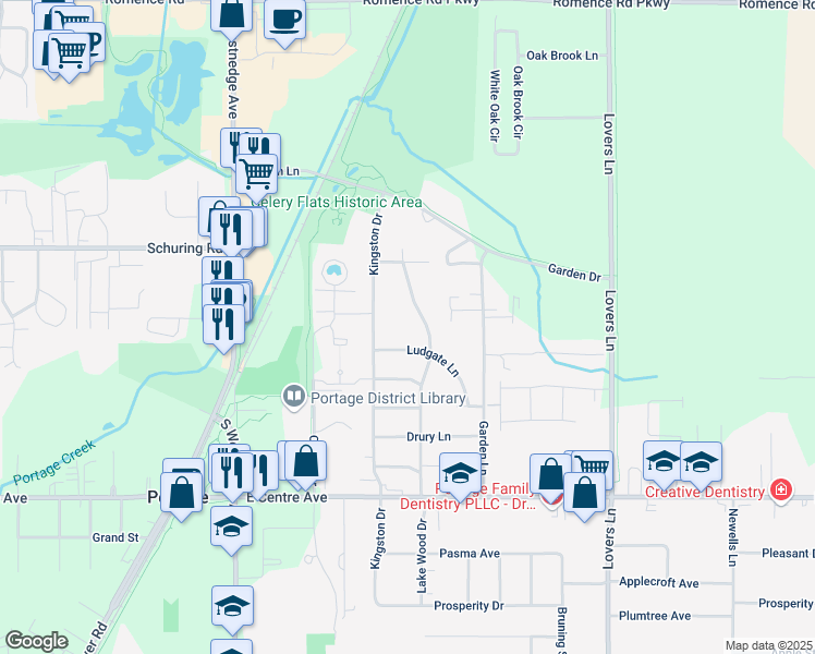 map of restaurants, bars, coffee shops, grocery stores, and more near 619 Ludgate Lane in Portage