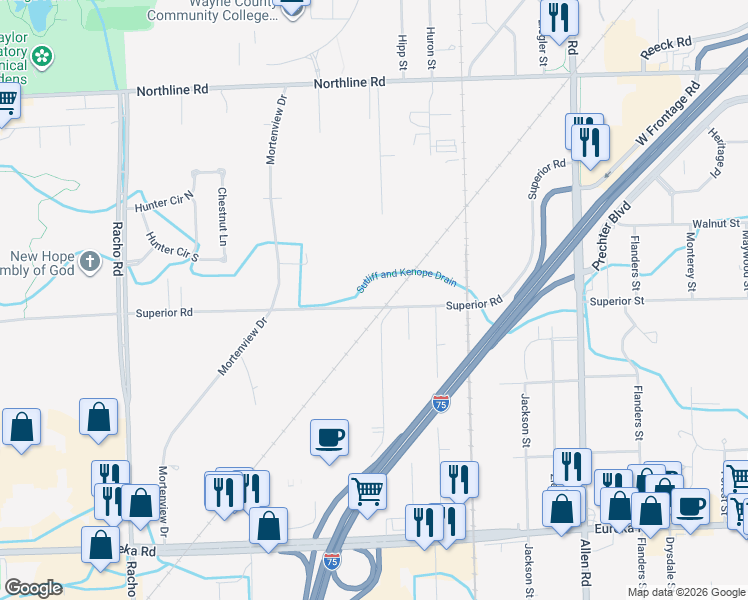 map of restaurants, bars, coffee shops, grocery stores, and more near 20710 Superior Road in Taylor
