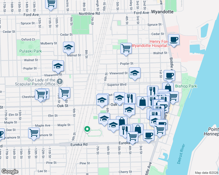 map of restaurants, bars, coffee shops, grocery stores, and more near 524 Chestnut Street in Wyandotte