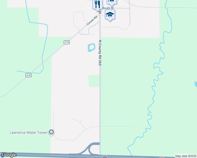 map of restaurants, bars, coffee shops, grocery stores, and more near 58380 North County Road 365 in Lawrence