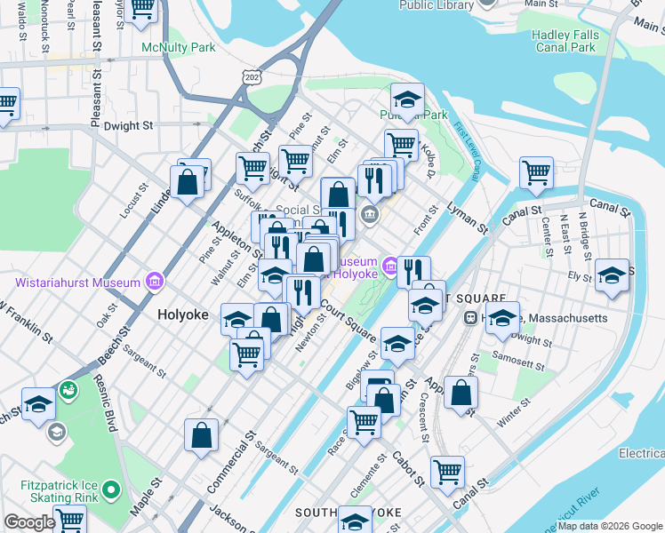 map of restaurants, bars, coffee shops, grocery stores, and more near 40 Suffolk Street in Holyoke