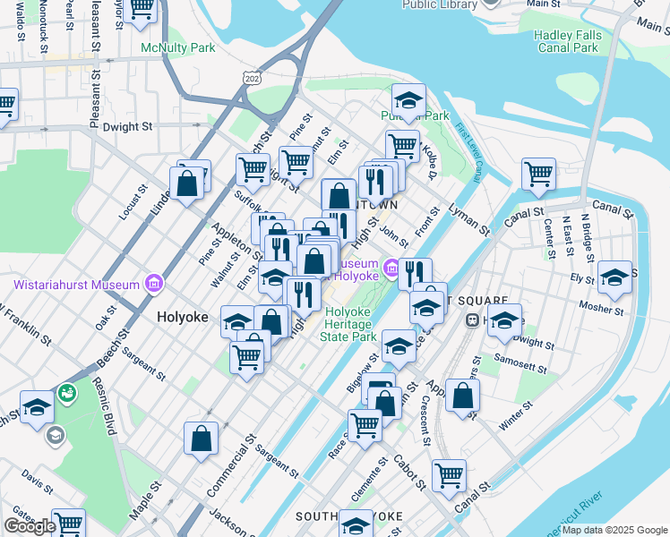 map of restaurants, bars, coffee shops, grocery stores, and more near in Holyoke