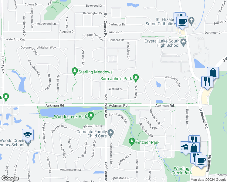 map of restaurants, bars, coffee shops, grocery stores, and more near 773 Weston Drive in Crystal Lake