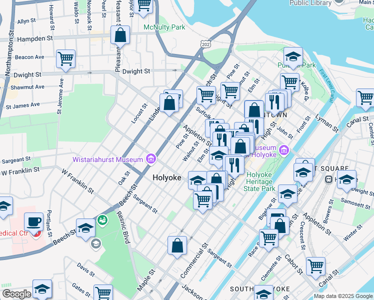 map of restaurants, bars, coffee shops, grocery stores, and more near 221 Walnut Street in Holyoke