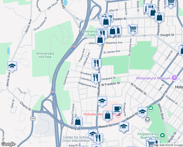 map of restaurants, bars, coffee shops, grocery stores, and more near 10 Brookline Avenue in Holyoke
