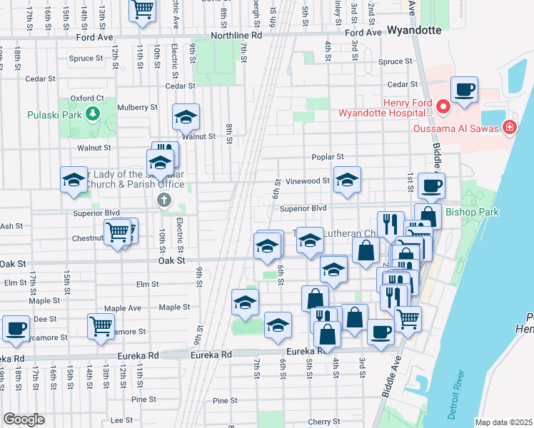 map of restaurants, bars, coffee shops, grocery stores, and more near 614 Chestnut Street in Wyandotte