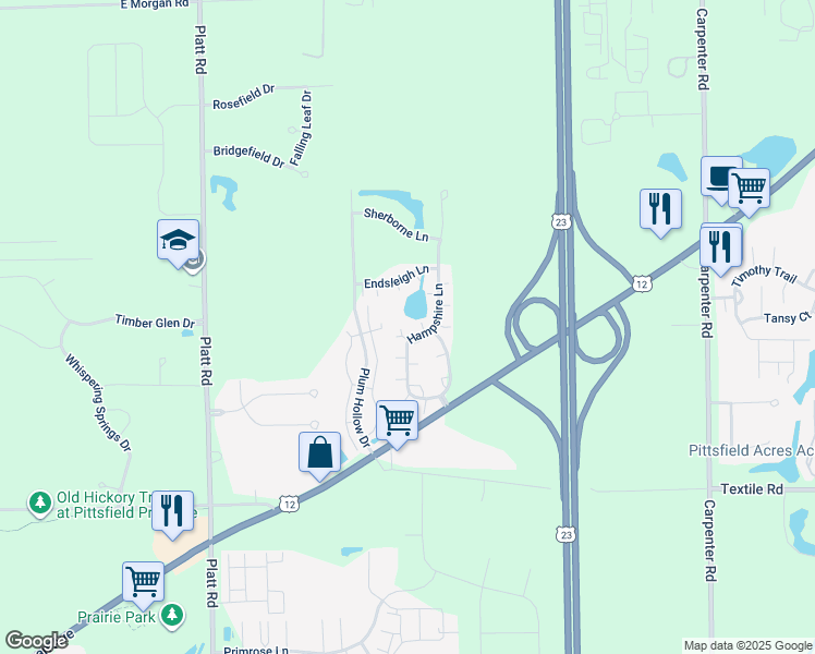 map of restaurants, bars, coffee shops, grocery stores, and more near 5693 Hampshire Lane in Ypsilanti