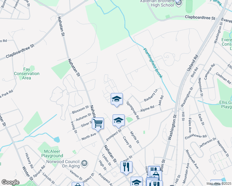 map of restaurants, bars, coffee shops, grocery stores, and more near 4 Upland Woods Circle in Norwood
