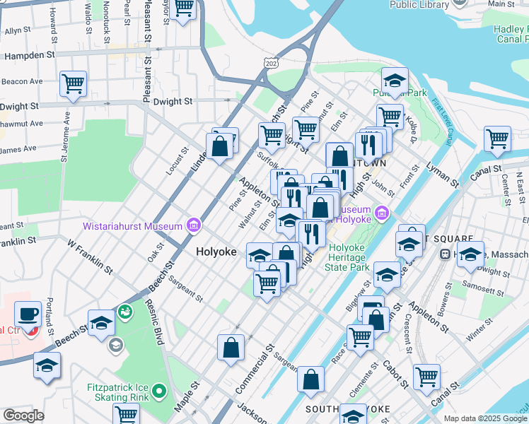map of restaurants, bars, coffee shops, grocery stores, and more near 207 Elm Street in Holyoke
