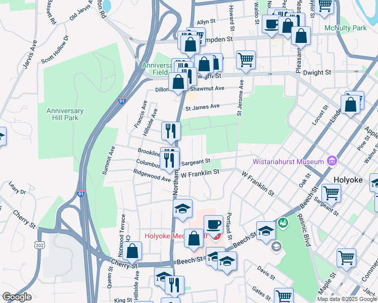 map of restaurants, bars, coffee shops, grocery stores, and more near 9 Orchard Street in Holyoke