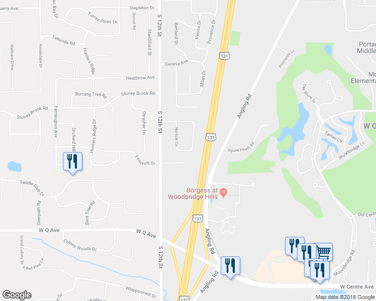 map of restaurants, bars, coffee shops, grocery stores, and more near 4770 Norfolk Circle in Portage