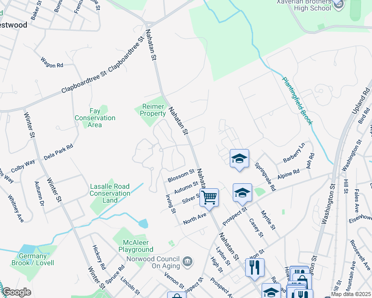 map of restaurants, bars, coffee shops, grocery stores, and more near 104 Norwest Drive in Norwood