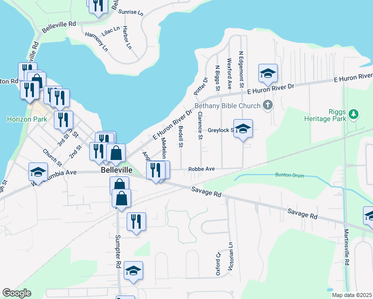 map of restaurants, bars, coffee shops, grocery stores, and more near 77 Bedell Street in Belleville