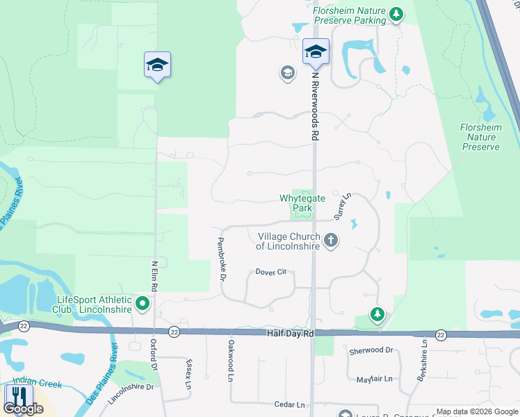 map of restaurants, bars, coffee shops, grocery stores, and more near 305 Surrey Lane in Lake Forest
