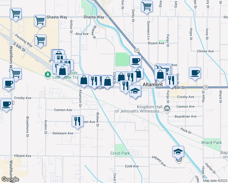 map of restaurants, bars, coffee shops, grocery stores, and more near 3810 South 6th Street in Klamath Falls