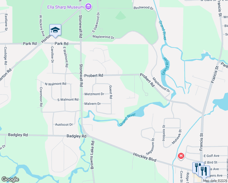 map of restaurants, bars, coffee shops, grocery stores, and more near 1731 Metzmont Drive in Jackson