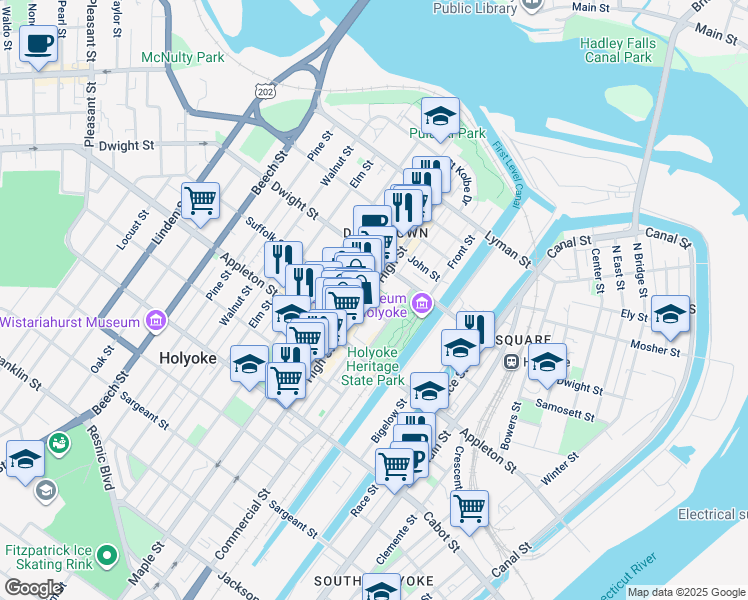 map of restaurants, bars, coffee shops, grocery stores, and more near 20 Court Plaza in Holyoke