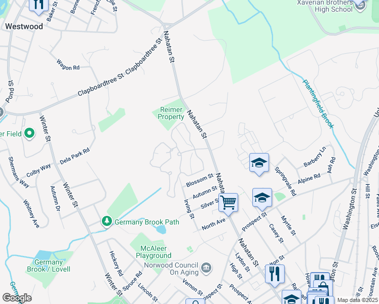 map of restaurants, bars, coffee shops, grocery stores, and more near 214 Norwest Drive in Norwood