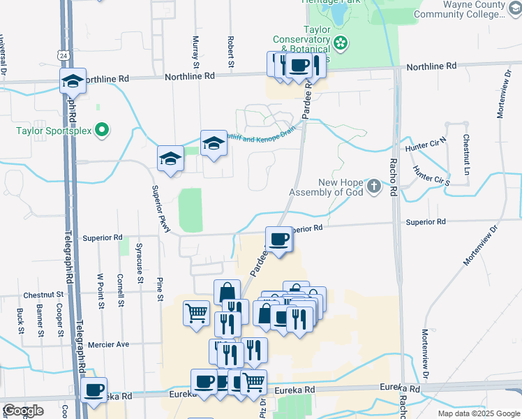 map of restaurants, bars, coffee shops, grocery stores, and more near 23200 Superior Parkway in Taylor