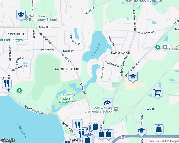 map of restaurants, bars, coffee shops, grocery stores, and more near 22596 North Echo Lane in Lake Zurich