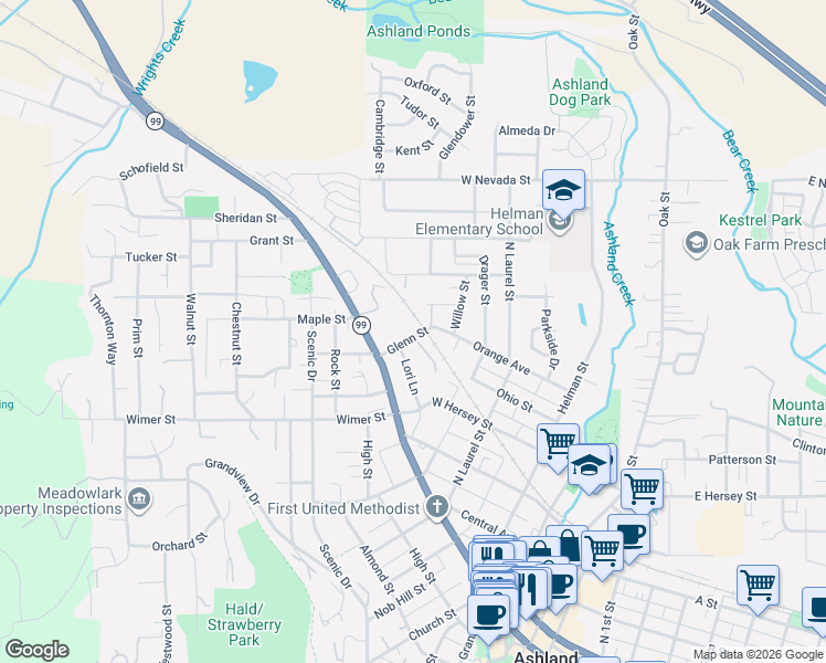 map of restaurants, bars, coffee shops, grocery stores, and more near 495 Lori Lane in Ashland