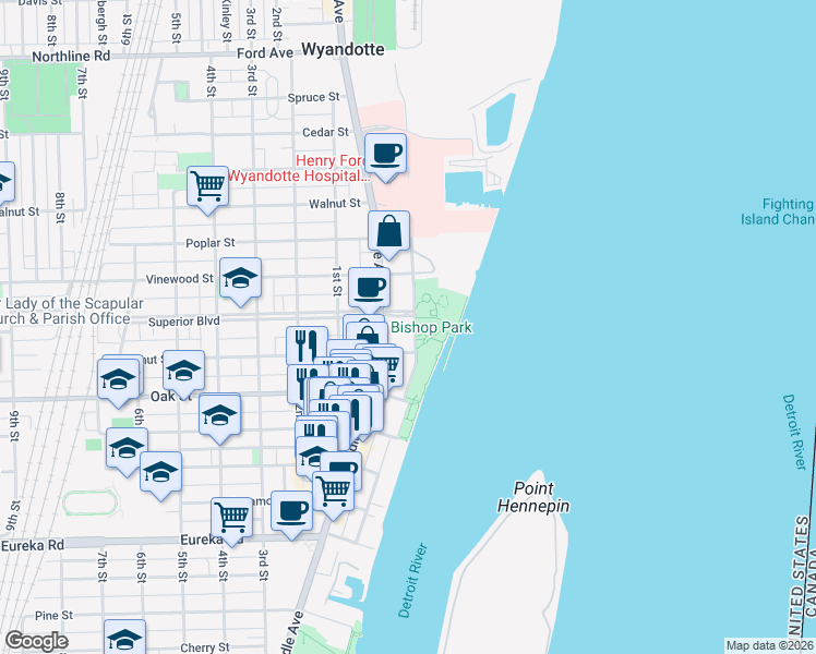 map of restaurants, bars, coffee shops, grocery stores, and more near 2803 Biddle Avenue in Wyandotte