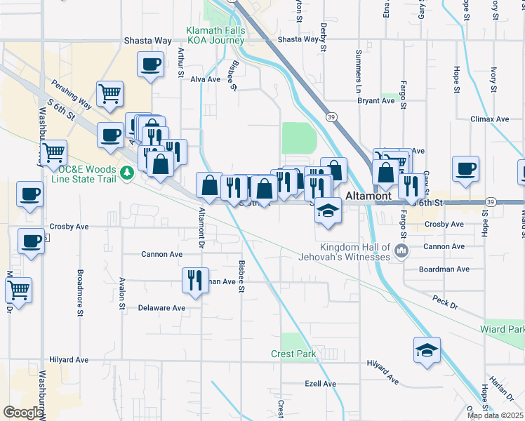 map of restaurants, bars, coffee shops, grocery stores, and more near 3810 South 6th Street in Klamath Falls