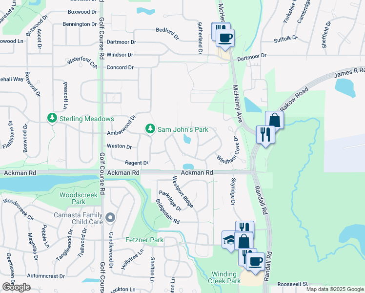 map of restaurants, bars, coffee shops, grocery stores, and more near 596 Crimson Drive in Crystal Lake