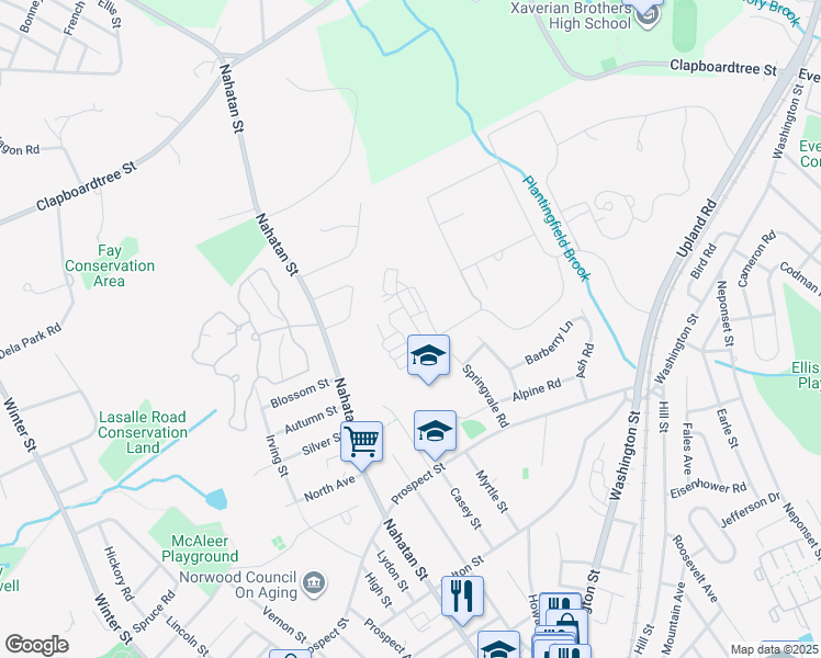 map of restaurants, bars, coffee shops, grocery stores, and more near 5 Upland Woods Circle in Norwood
