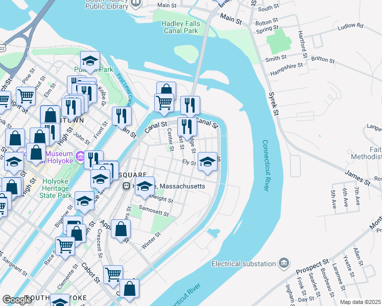 map of restaurants, bars, coffee shops, grocery stores, and more near 57 North Bridge Street in Holyoke
