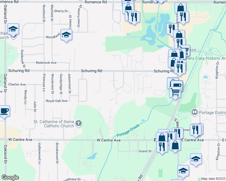 map of restaurants, bars, coffee shops, grocery stores, and more near 7690 Timbercreek Court in Portage
