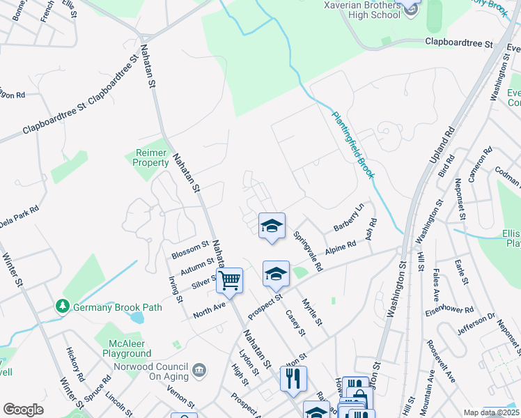 map of restaurants, bars, coffee shops, grocery stores, and more near 5 Upland Woods Circle in Norwood