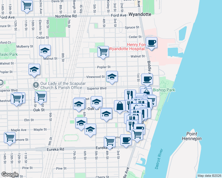 map of restaurants, bars, coffee shops, grocery stores, and more near 336 Chestnut Street in Wyandotte