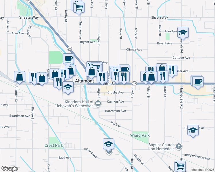 map of restaurants, bars, coffee shops, grocery stores, and more near 4470 South 6th Street in Klamath Falls