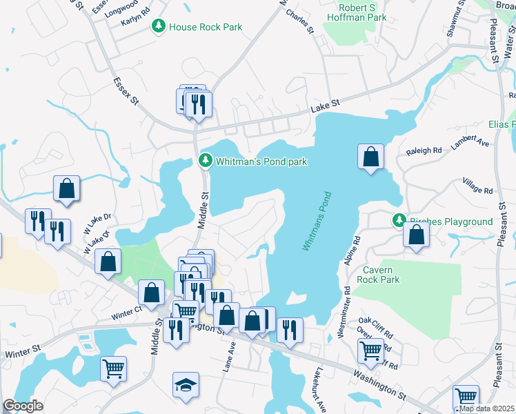 map of restaurants, bars, coffee shops, grocery stores, and more near 100 Lake Shore Drive in Weymouth