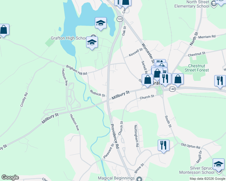 map of restaurants, bars, coffee shops, grocery stores, and more near 57 Providence Road in Grafton