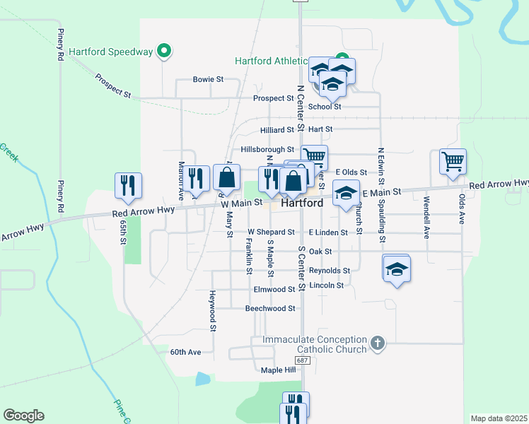 map of restaurants, bars, coffee shops, grocery stores, and more near 106 West Main Street in Hartford