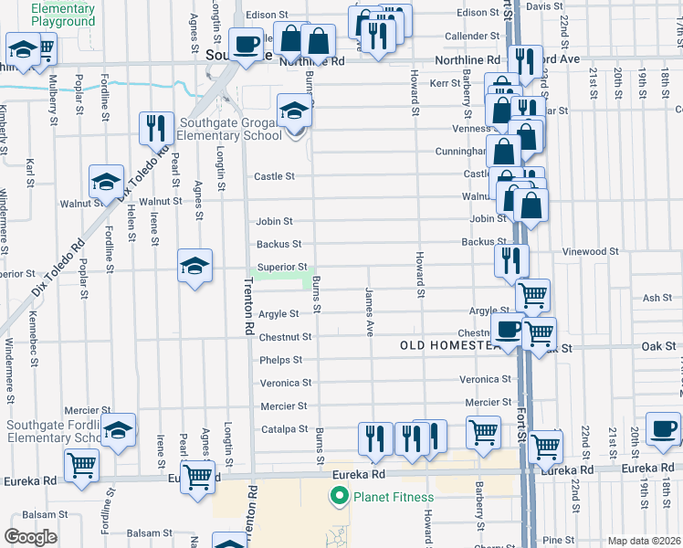 map of restaurants, bars, coffee shops, grocery stores, and more near 13515 Superior Street in Southgate
