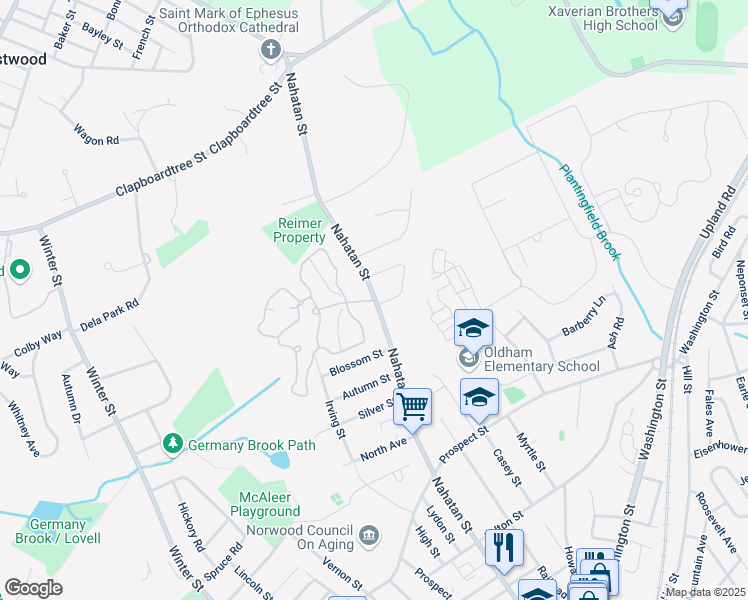 map of restaurants, bars, coffee shops, grocery stores, and more near 11 Norwest Drive in Norwood