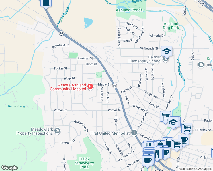 map of restaurants, bars, coffee shops, grocery stores, and more near 152 Maple Street in Ashland