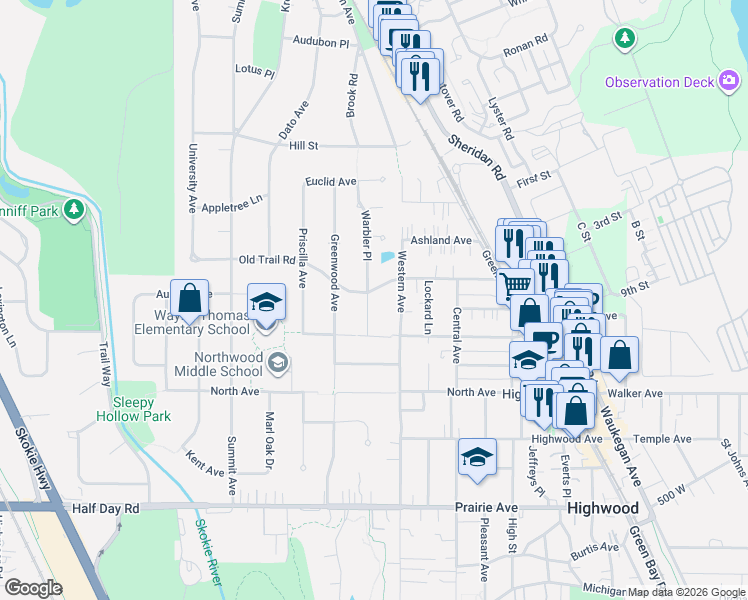 map of restaurants, bars, coffee shops, grocery stores, and more near 677 Old Trail Road in Highland Park