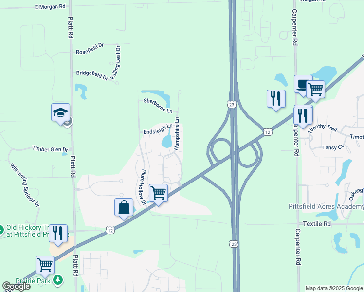 map of restaurants, bars, coffee shops, grocery stores, and more near 5649 Hampshire Lane in Ypsilanti